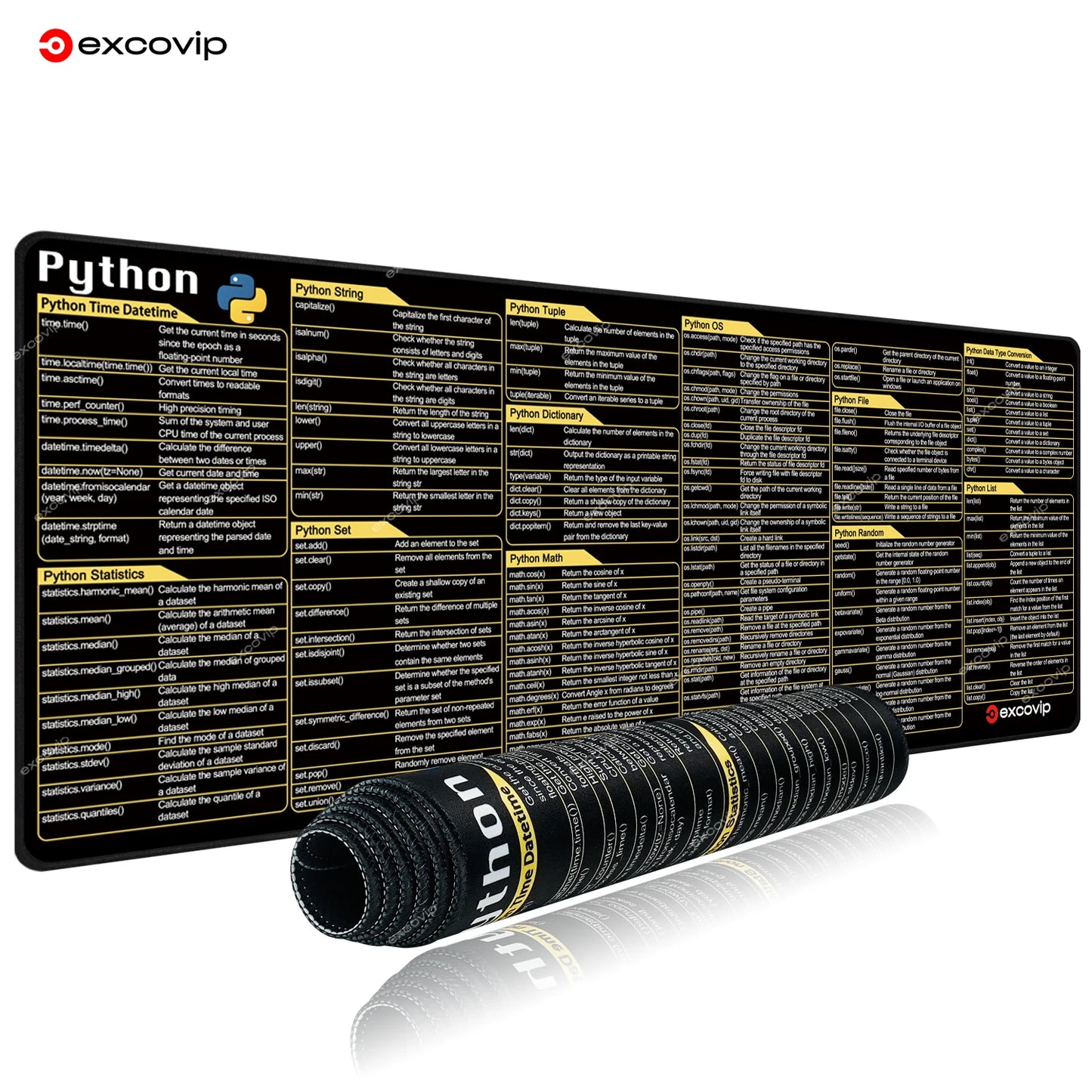 Alfombrilla de ratón para programación Python, hoja de referencia, borde cosido, base antideslizante