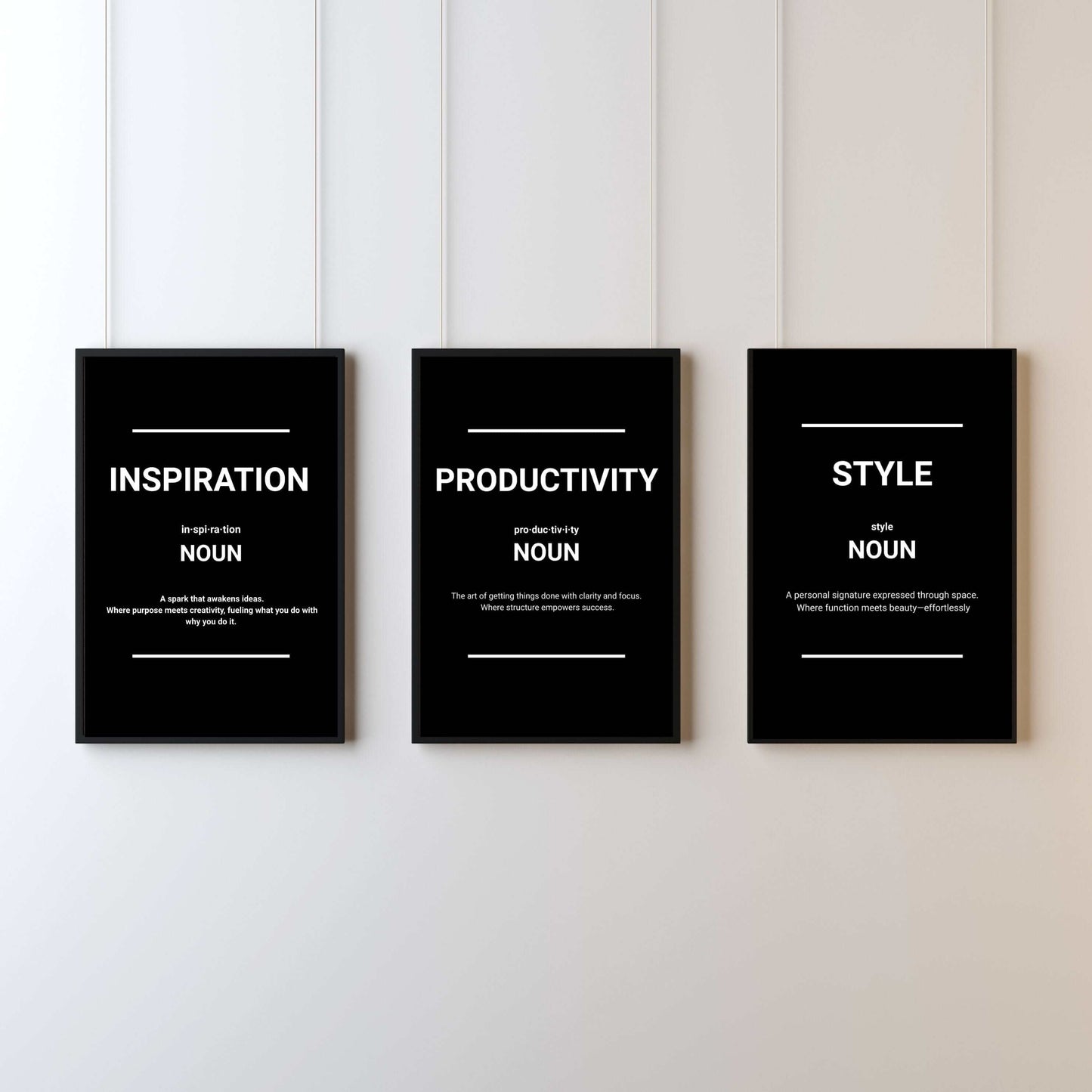 Inspiration. Productivity. Style.” Wall Art Set – Minimalist Office Prints (Set of 3)