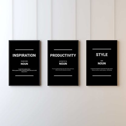 Inspiration. Productivity. Style.” Wall Art Set – Minimalist Office Prints (Set of 3)