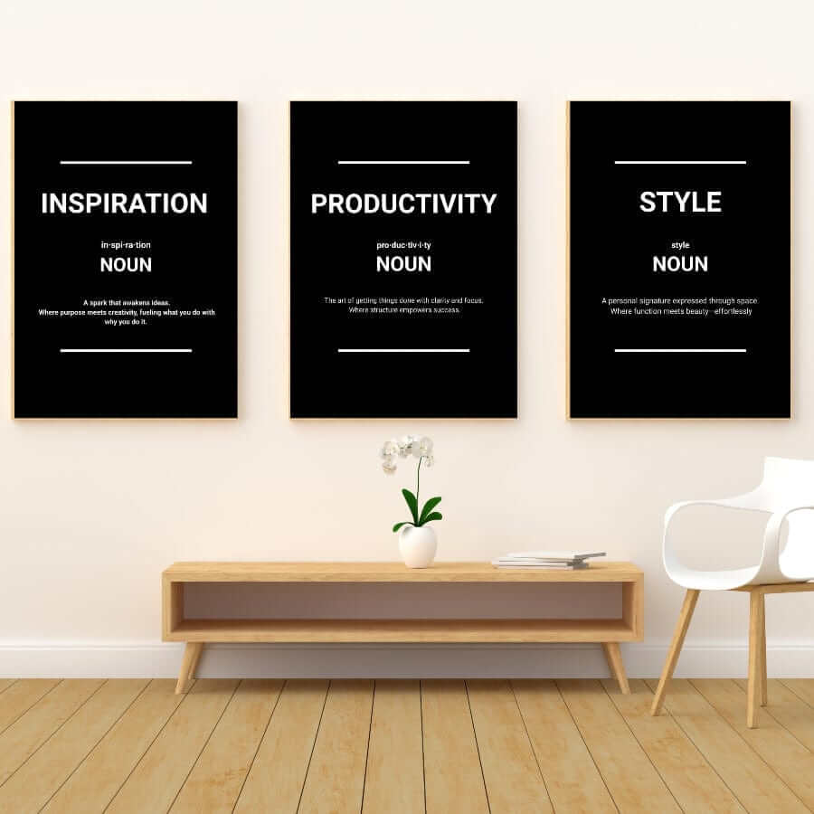 Inspiration. Productivity. Style.” Wall Art Set – Minimalist Office Prints (Set of 3)